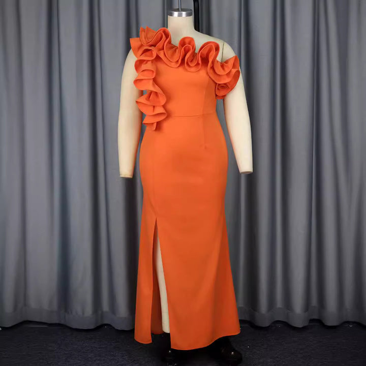 Damen Elegantes Maxikleid mit asymmetrischen Rüschen und Schlitz Drune