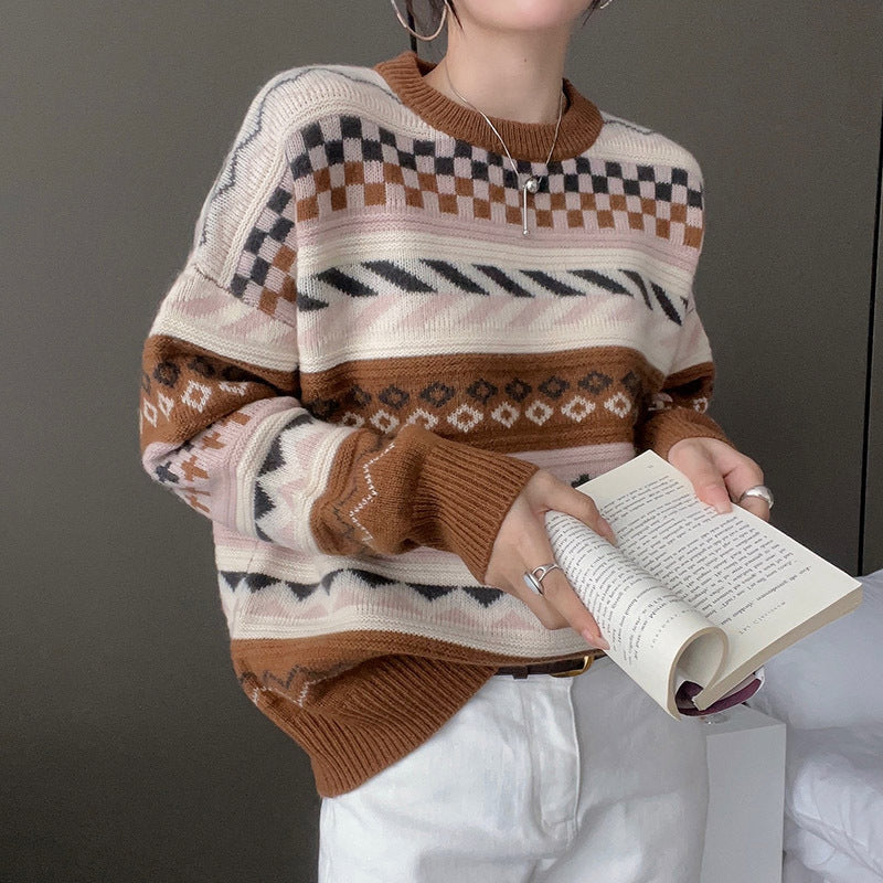 Damen Grobstrickpullover mit geometrischem Muster und weitem Schnitt Drune