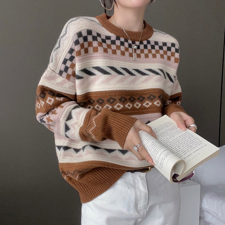 Damen Grobstrickpullover mit geometrischem Muster und weitem Schnitt Drune