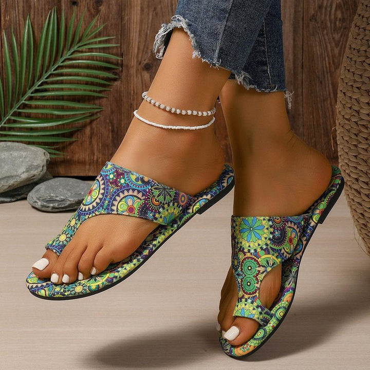 Damen Zehenstegsandalen mit buntem Blumenmuster und rutschfester Sohle Drune