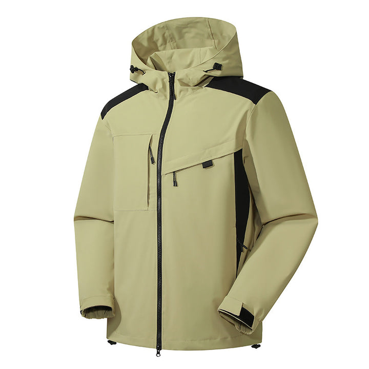 Herren technische Softshelljacke mit Kapuze, diagonalem Brustfach und Multifach-Reißverschlusstaschen Drune