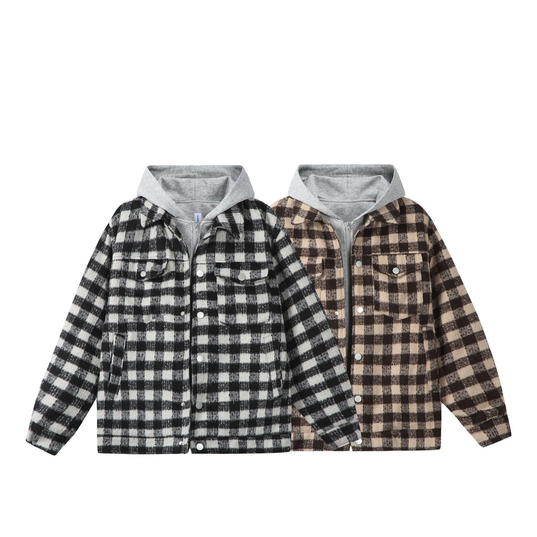 Damen Kurzblouson im Shacket‑Stil mit Karo‑Wolloptik und integrierter Sweatkapuze Drune