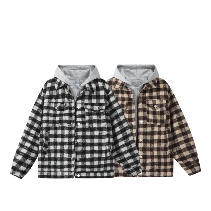 Damen Kurzblouson im Shacket‑Stil mit Karo‑Wolloptik und integrierter Sweatkapuze Drune