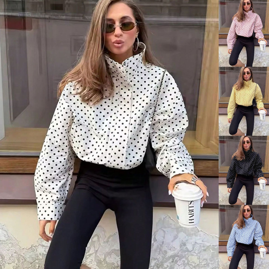 Damen Polka‑Dot Stehkragen‑Bluse mit oversized Ballonärmeln Drune