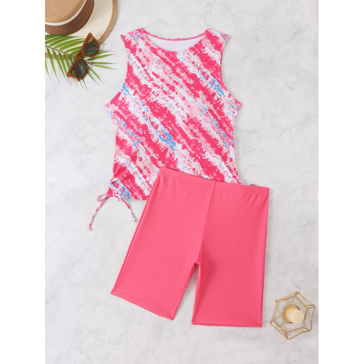 Damen Sportliches Tankini-Set mit modischem Wasserfarbmuster und bequemen Shorts Drune