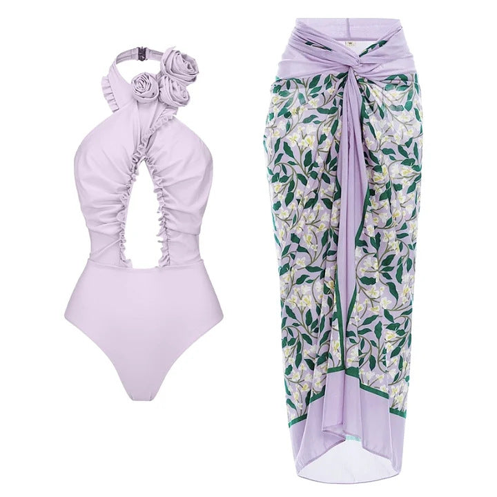 Damen Einteiliger Badeanzug mit floralem Cut-Out und Rüschen Drune
