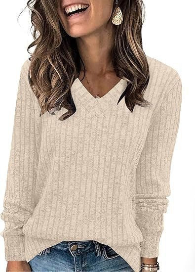 Damen Strickpullover mit V-Ausschnitt und strukturiertem Rippendesign Drune