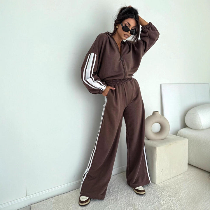 Damen cropped Zip-Hoodie mit voluminösen Ballonärmeln und High-Waist Relaxhose im sportlichen Seitenstreifen-Design Drune