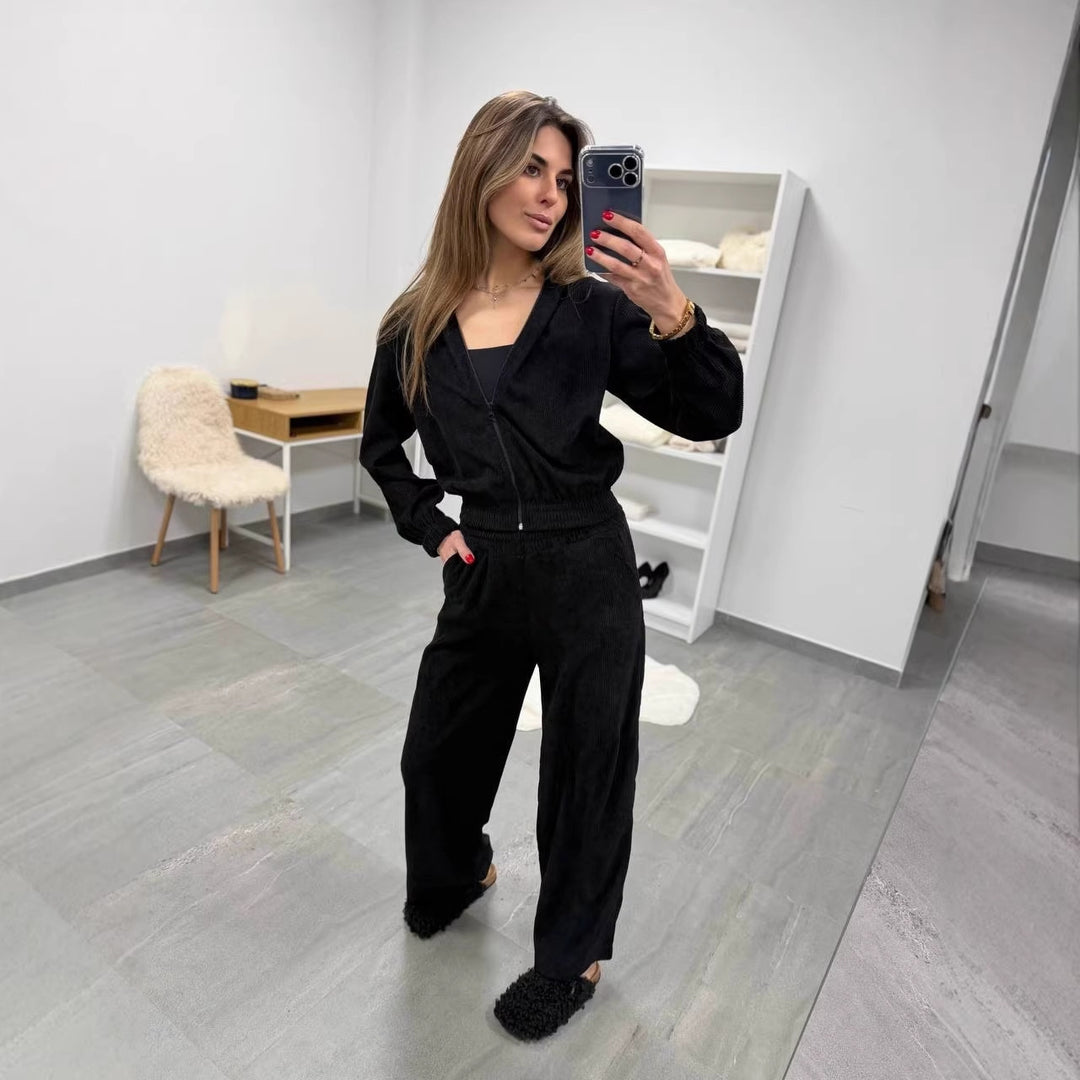 Damen weiches Cordvelours-Zweiteiler mit kurzer Kapuzenzipjacke und weiter Komforthose Drune