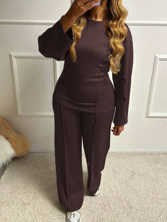 Damen nan weiches Lounge-Set mit tailliertem Sweatshirt, formgebenden Nahtdetails und weitem Palazzohosen-Bein Drune