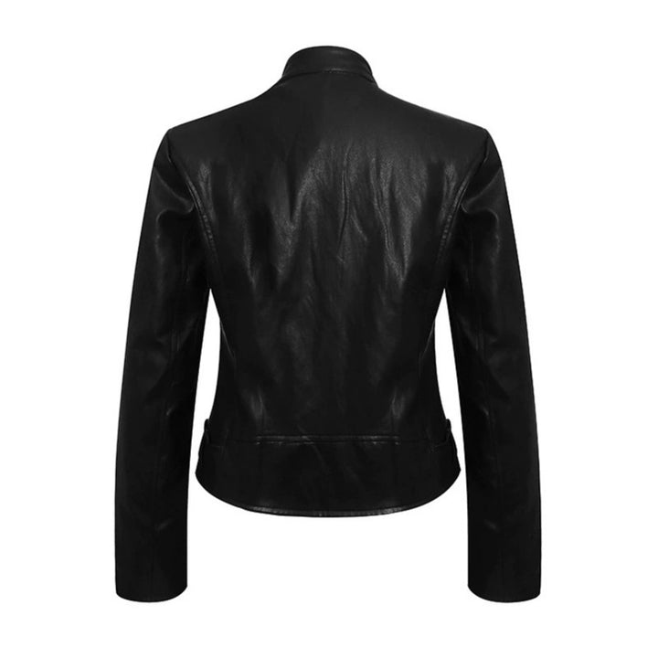 Damen Taillierte Lederoptik-Jacke mit Stehkragen, Schulterklappen und Taillengürtel Drune