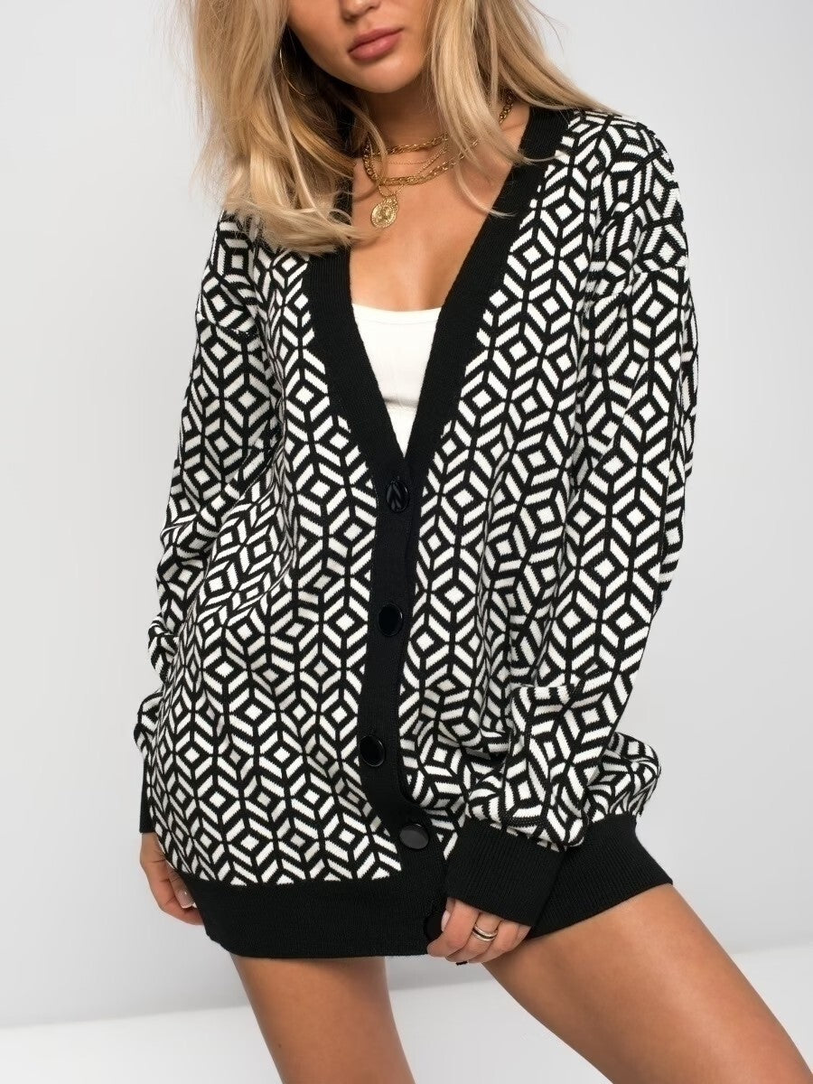 Damen Strick-Cardigan mit modernem geometrischen Muster und praktischen Taschen Drune