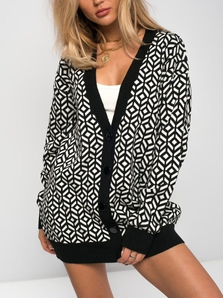Damen Strick-Cardigan mit modernem geometrischen Muster und praktischen Taschen Drune