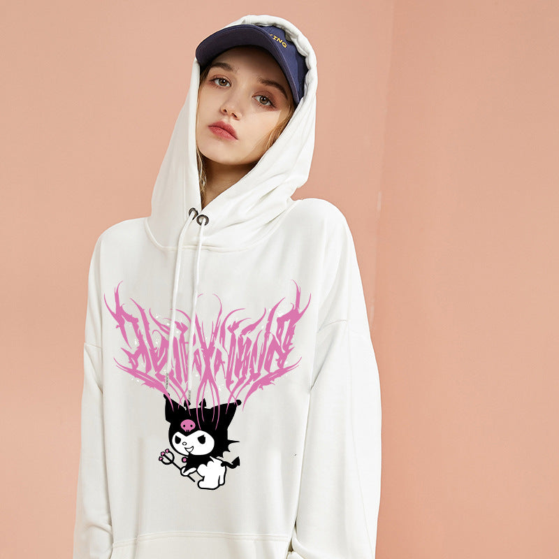 Damen nan lockeres Kapuzensweatshirt aus angerautem Fleece mit Kängurutasche und kawaii-Charakter-Print Drune