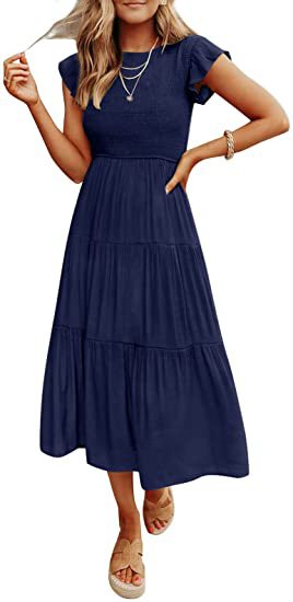 Damen Midikleid mit gesmoktem Oberteil und voluminösem Rock Drune