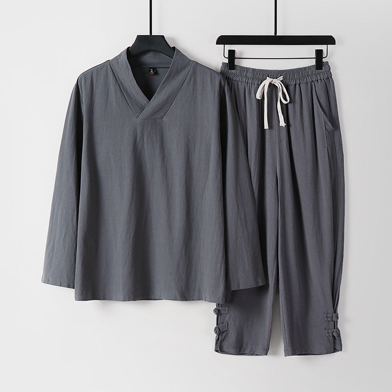 Herren Lockeres Loungewear-Set mit V-Notch-Stehkragen und Kordelzug-Hose Drune