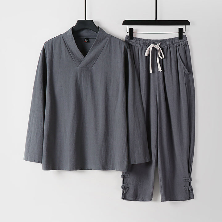 Herren Lockeres Loungewear-Set mit V-Notch-Stehkragen und Kordelzug-Hose Drune