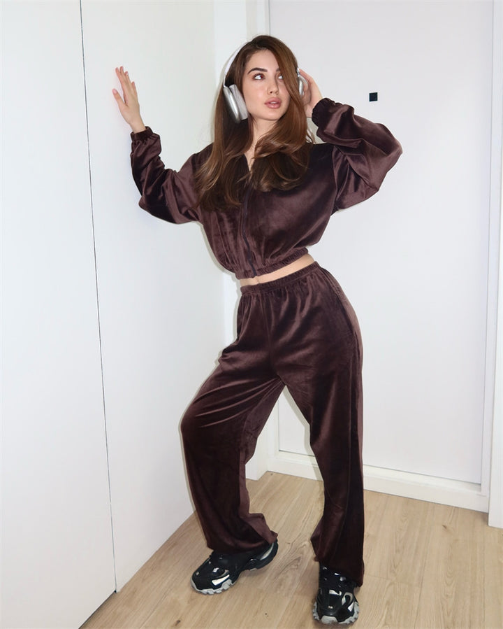 Damen lässiges Cropped Sweatshirt und hohe Jogginghose Set Drune