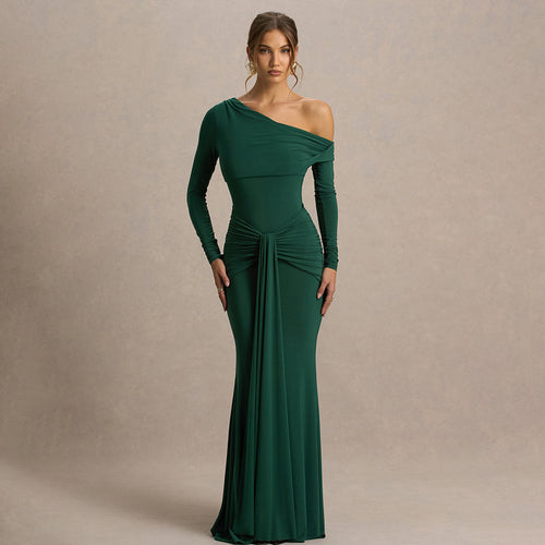 Damen figurbetontes Maxikleid mit asymmetrischem Design und Faltenwurf Drune