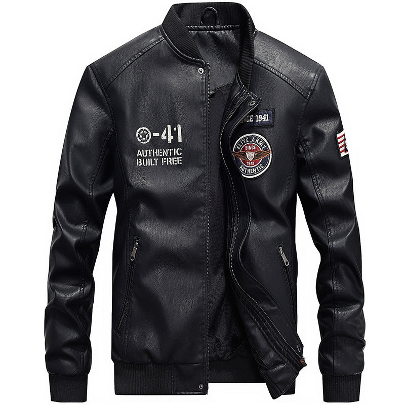 Herren nan leichte Kunstleder-Bomberjacke im Pilotenstil mit gestickten Patches und verdeckter Reißverschlussleiste Drune