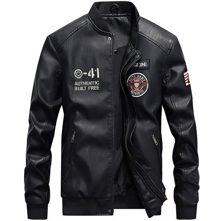 Herren nan leichte Kunstleder-Bomberjacke im Pilotenstil mit gestickten Patches und verdeckter Reißverschlussleiste Drune