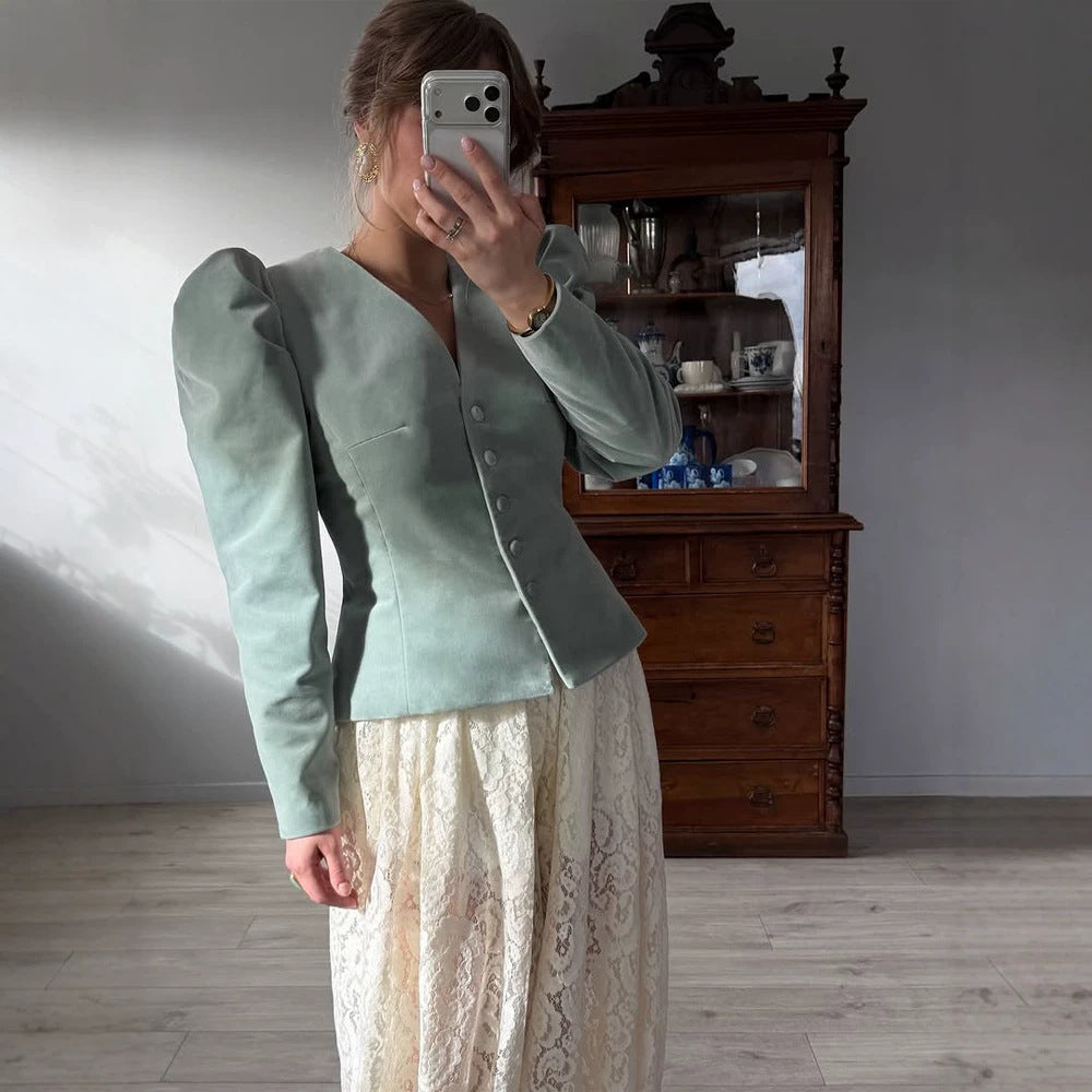 Damen Taillierter Samtblazer mit betonter Taille, V-Ausschnitt und voluminösen Puffärmeln Drune