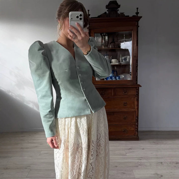 Damen Taillierter Samtblazer mit betonter Taille, V-Ausschnitt und voluminösen Puffärmeln Drune