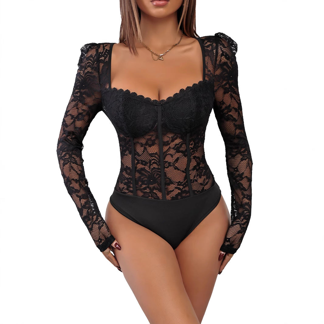 Damen Figurformender Spitzen-Bustierbody mit Korsettnähten und langen Transparenteärmeln Drune
