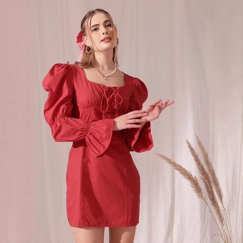 Damen Puffärmeliges Mini-Kleid mit eckigem Ausschnitt, Kordel-Bustier und Glockenärmeln Drune