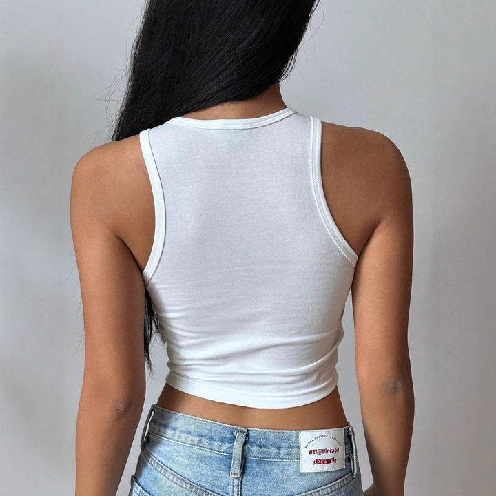 Damen Cropped Tanktop mit kreativem Schriftzug und lebhaftem Design Drune