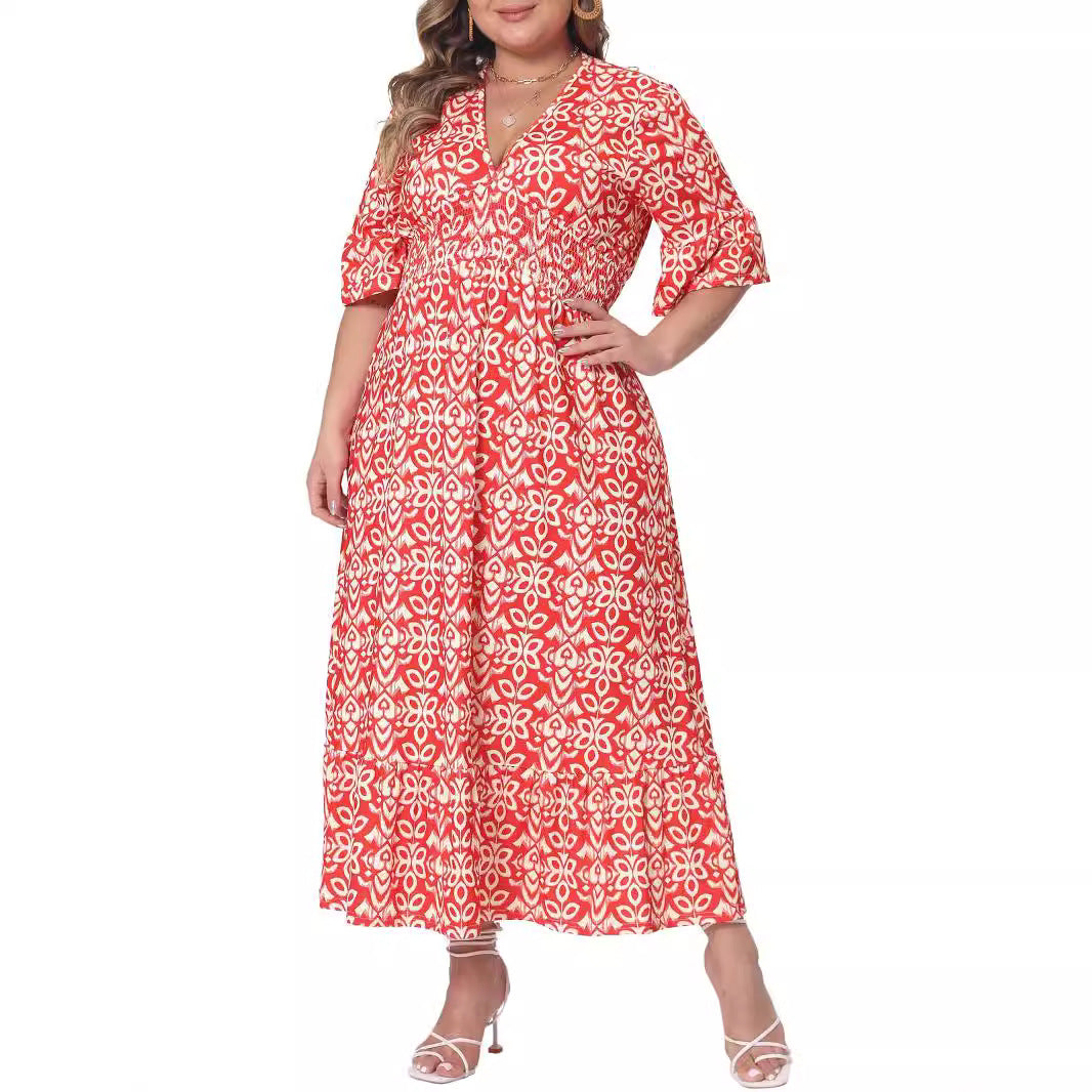 Damen Midikleid in A‑Linie mit grafischem Allover‑Print, geraffter Taillenpartie und Volantstufen Drune