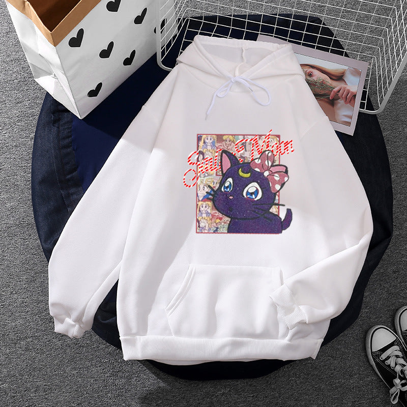 Damen nan Oversize-Kapuzenpullover mit glitzerndem Anime-Katzen-Motiv, Kängurutasche und weichem Fleece-Innenfutter Drune