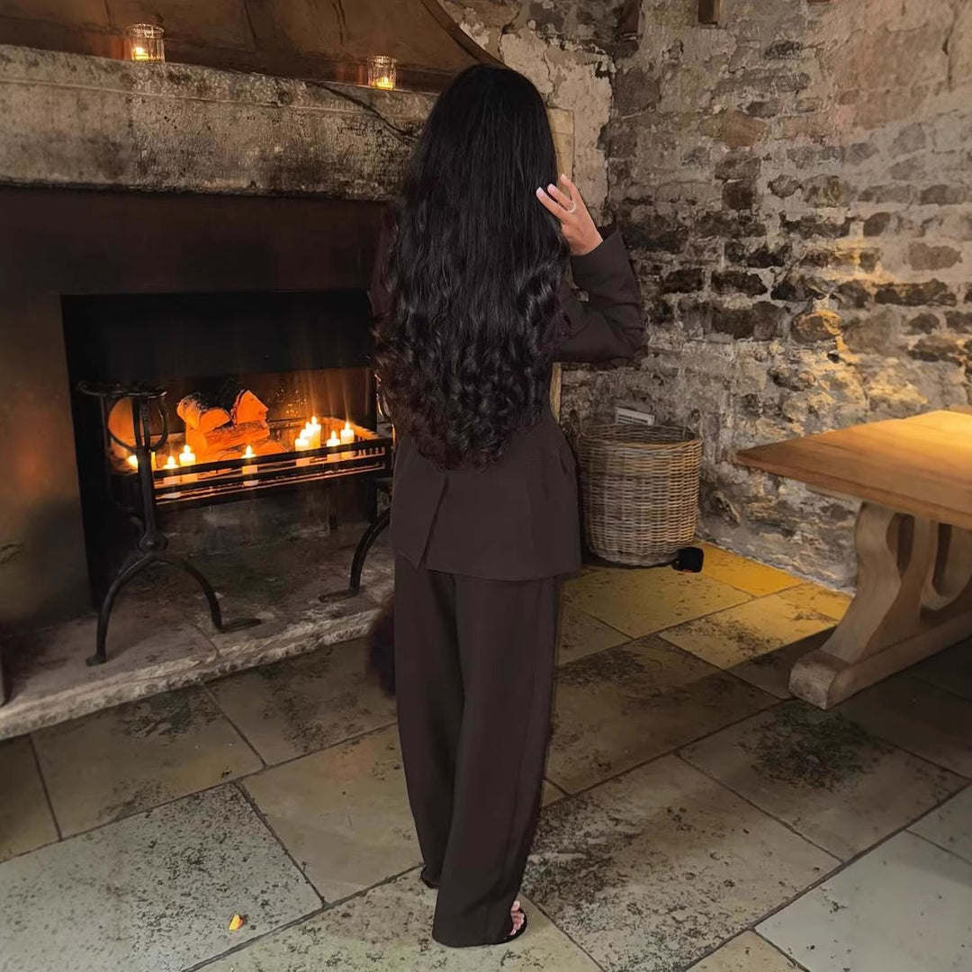 Damen Zweiteiliges maßgeschneidertes Blazer‑Hosen‑Set mit tailliertem Schnitt und weitem Palazzohosenbein Drune