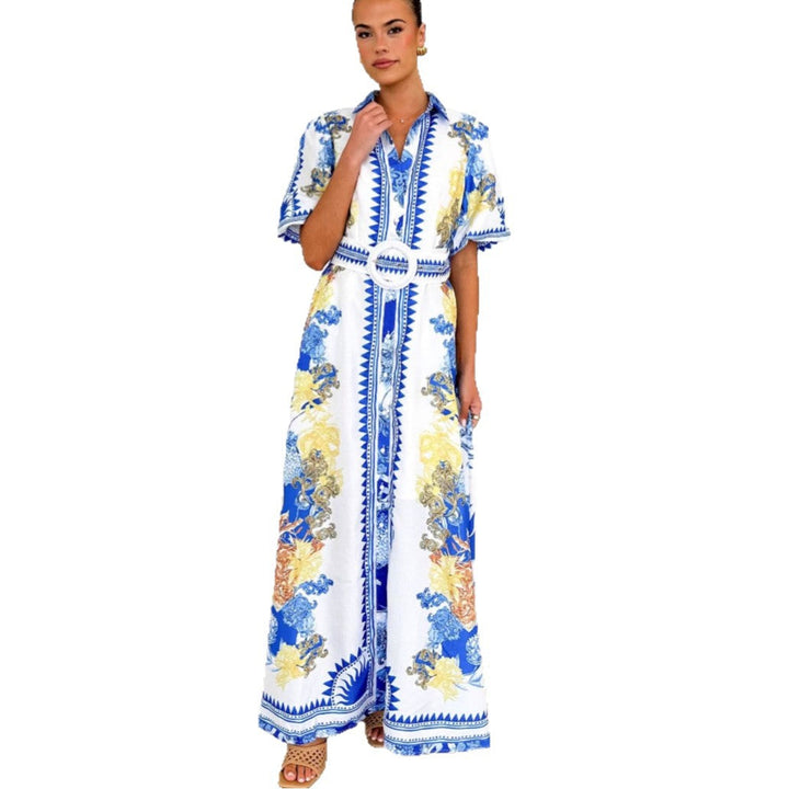 Damen Maxikleid mit floralem Knopfleisten-Design und tailliertem Gürtel Drune