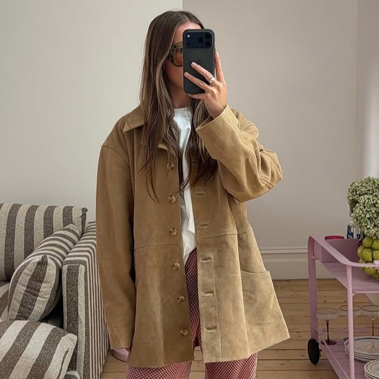 Damen Kurzmantel aus Veloursleder‑Optik mit kastiger Silhouette, Hornknopf‑Front & Eingrifftaschen Drune