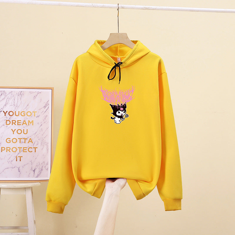 Damen nan Kapuzenpullover mit Gothic‑Kawaii Print, Oversize‑Schnitt und weichem Fleeceinnenfutter Drune