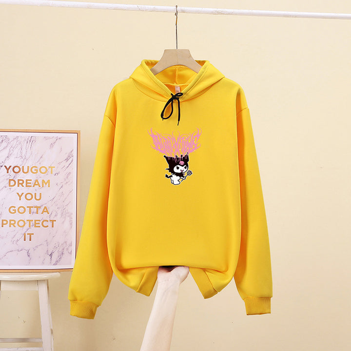 Damen nan Kapuzenpullover mit Gothic‑Kawaii Print, Oversize‑Schnitt und weichem Fleeceinnenfutter Drune