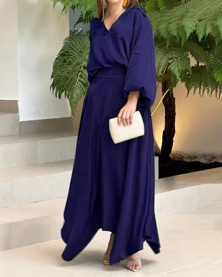 Damen Elegantes Maxikleid mit Kapuzen‑V‑Ausschnitt, Ballonärmeln und fließendem Saum Drune