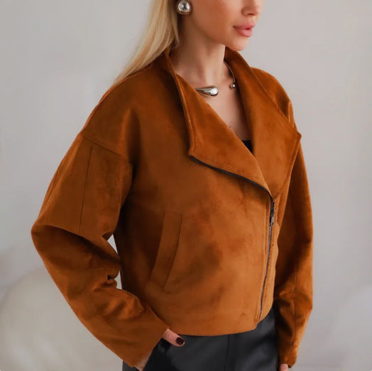 Damen Trendige Kurzjacke im lässigen Biker-Stil mit asymmetrischem Reißverschluss und tiefem Kragen Drune