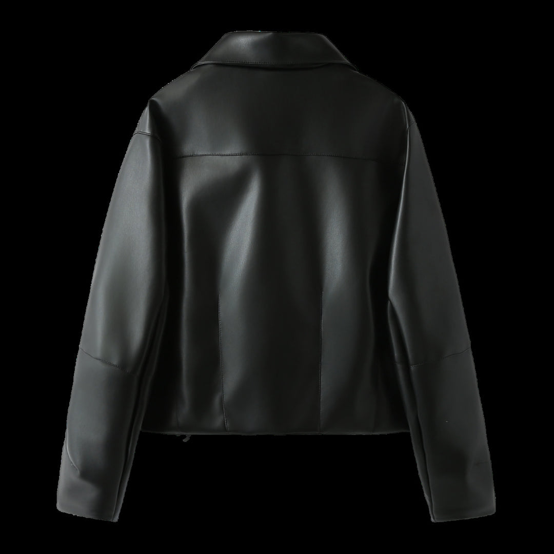 Damen nan taillierte Kunstlederjacke im Blousonstil mit Hemdkragen Drune