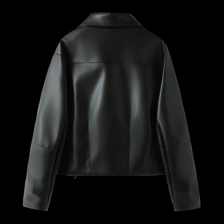 Damen nan taillierte Kunstlederjacke im Blousonstil mit Hemdkragen Drune