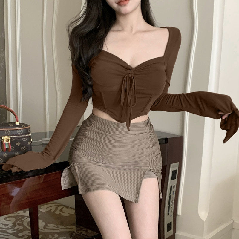 Damen Cropped Langarmshirt mit dekorativer Schnürung und lässigem Schnitt