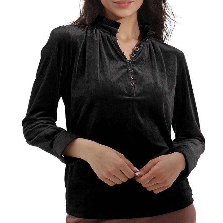 Damen Elegantes Samtoberteil mit gerafftem Kragen und Knopfdetails Drune