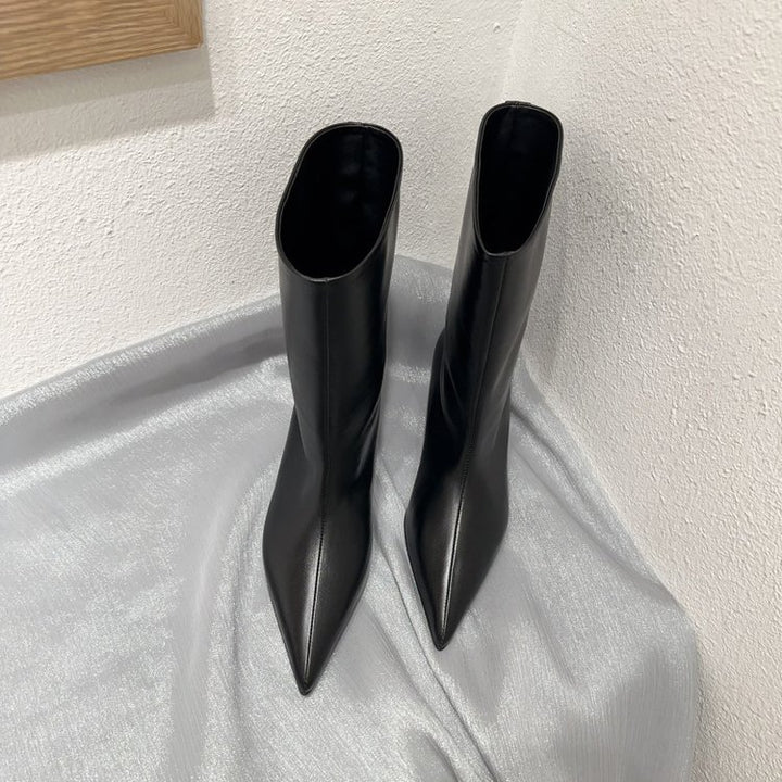 Damen Wadenhohe schlanke Stiefeletten mit spitzer Zehenpartie und niedrigem Kitten‑Absatz Drune