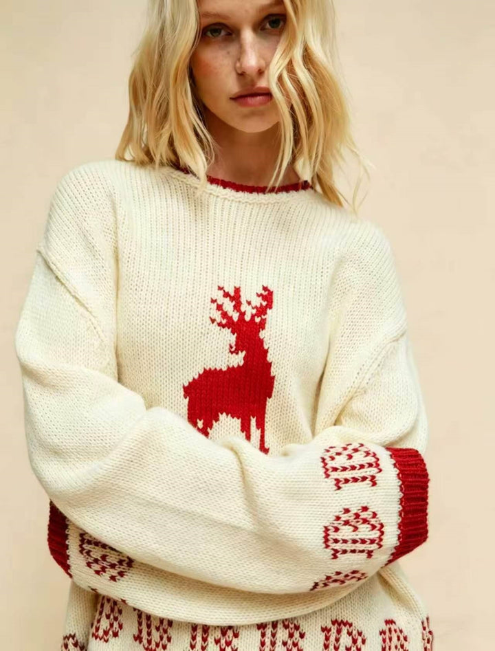 Damen Oversize Strickpullover mit Hirschintarsie, Rundhalsausschnitt und Norwegerbündchen Drune