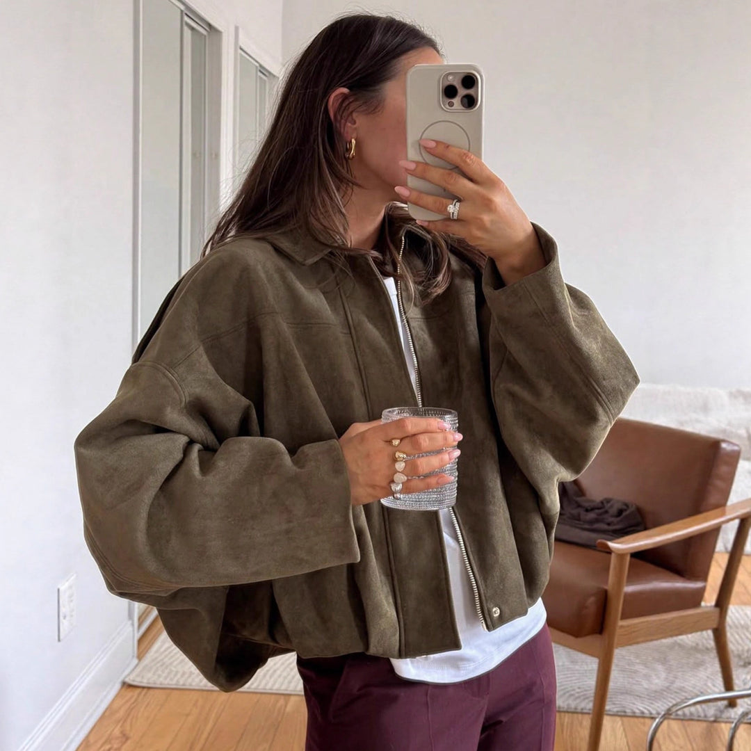 Damen nan weite Kurzjacke mit Ballonbund, verdecktem Verschluss und Schulterklappen Drune