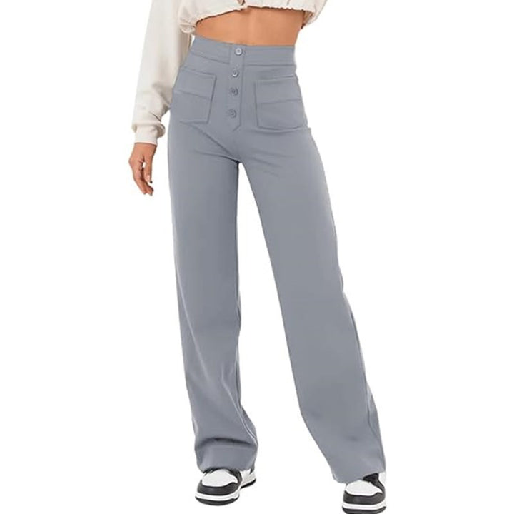 Damen elegante High-Waist Lounge-Hose mit großen Taschen und Knopfverschluss Drune