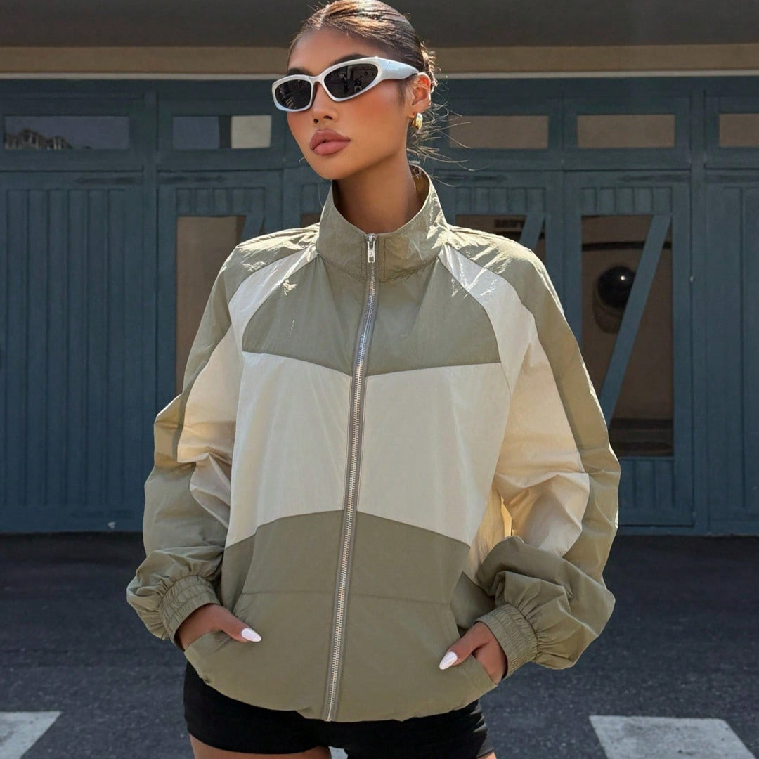 Damen Leichte Windbreaker-Jacke mit Stehkragen, Farbblock-Design und elastischen Bündchen Drune
