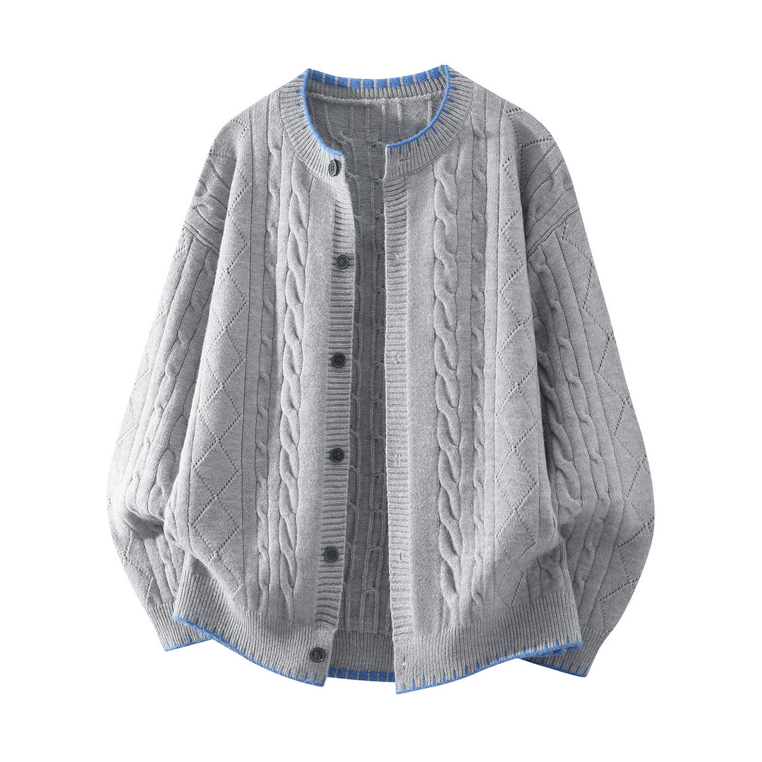 Damen Oversize Zopfmuster-Cardigan mit Rundhalsausschnitt, Ballonärmeln & Kontrastnaht Drune