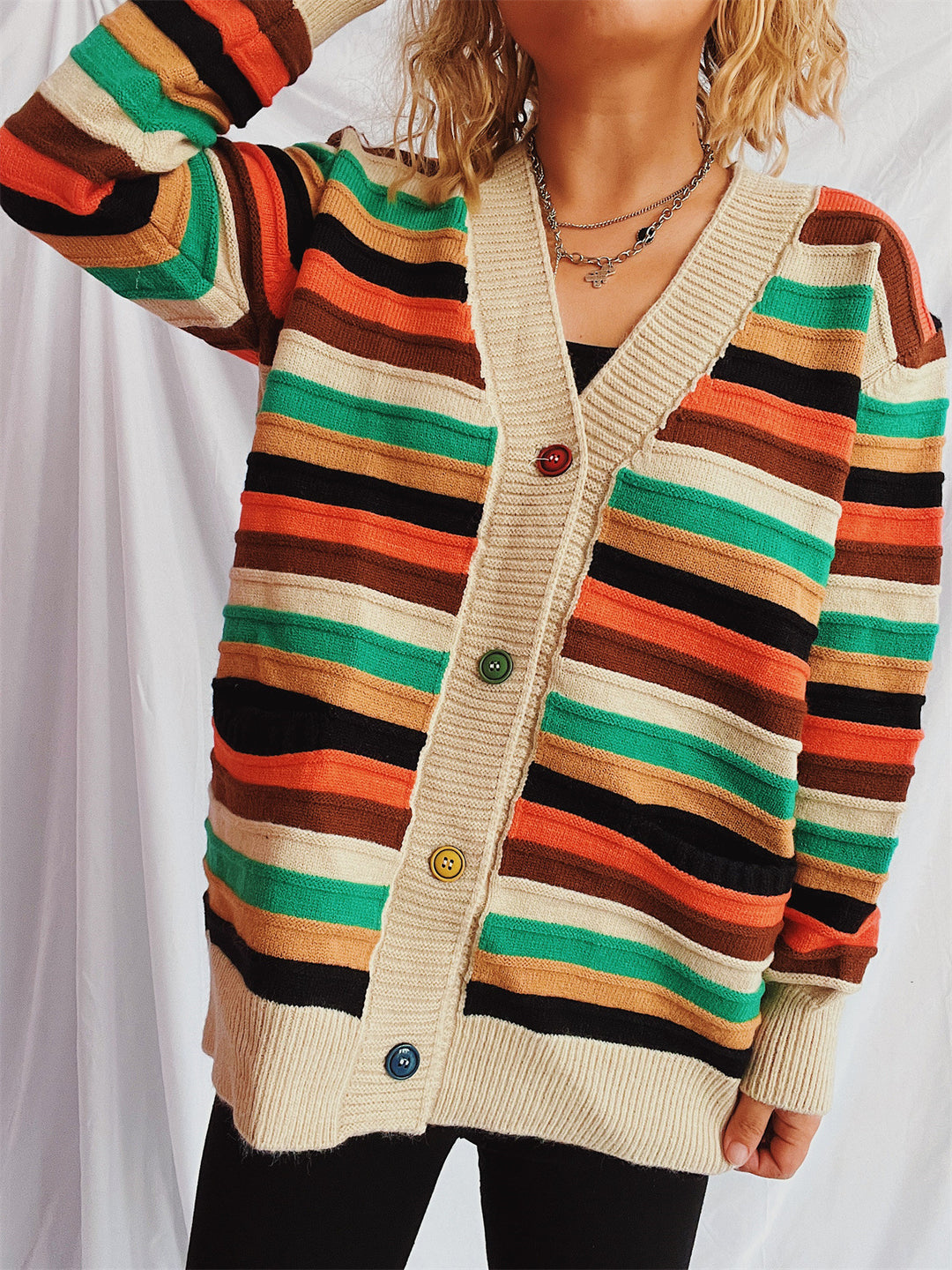 Damen lässige Strickjacke mit buntem Streifenmuster und lockerer Passform Drune